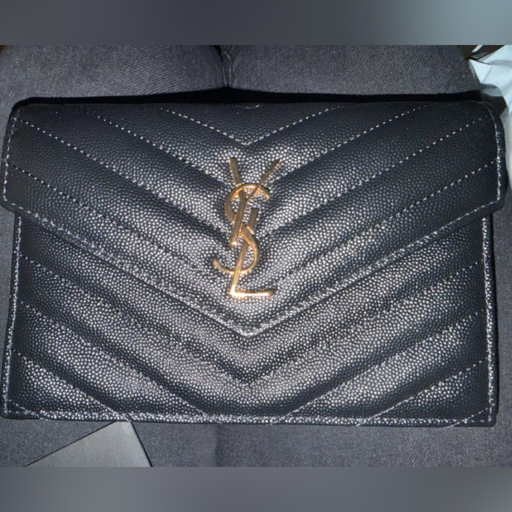 Saint Laurent Black Leather Chain Wallet with Gold Hardware